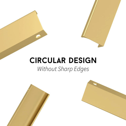 Circular design of five pack finger edge pulls for gold cabinet hardware and drawer handles, elegant kitchen tab pulls, six and a quarter inch hole centers.