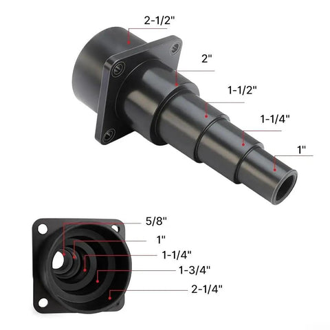 Shop Vac Adapter Step Reducer For Wet Dry Vacs showing sizes 2-1/2 to 1 inch, made of soft plastic, designed for dust collection.