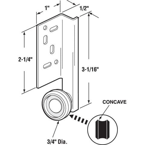 Heavy Duty Center Roller Assembly For Hella Smooth Drawer Glide Two Pack showing dimensions and nylon wheel for C style track.