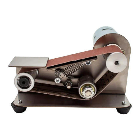 Knockout Mini Belt Sander And Slick Dual Voltage Polisher With Tough Fixed Angle Grinding Wheel For Swift Knife Sharpening And No Sweat Diy Jobs Powered By Zippy 775 Motor Workhorse For Tradesmen, compact design with grinding belt.