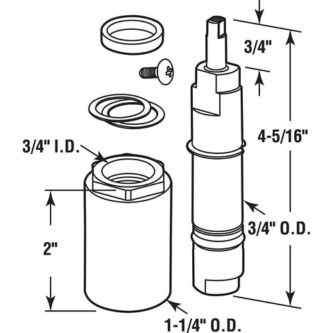 Diagram of Mixet Shower Valve Replacement Cartridge, 4-1/2 Inch Brass showing dimensions and parts.