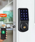 Rock Solid Smart Door Lock With Keyless Entry Featuring Touchscreen Keypad IC Card Swipe And Mechanical Override on a door with WiFi control.