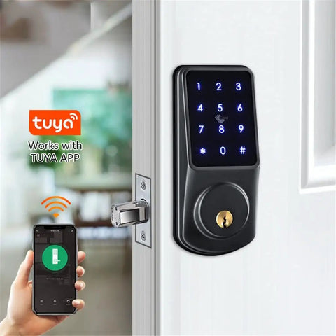 Rock Solid Smart Door Lock With Keyless Entry Featuring Touchscreen Keypad IC Card Swipe And Mechanical Override on a door with WiFi control.