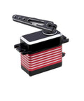 Top Shelf Badass Brushless Servo Using Eight Point Four Volts Generates Thirty Five Kilogram Centimeter Power With Heavy Duty Steel Gears And Full Waterproof Cover For Remote Control Cars Includes Arm, showing steel gear design in red and black.