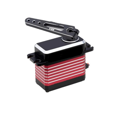 Top Shelf Badass Brushless Servo Using Eight Point Four Volts Generates Thirty Five Kilogram Centimeter Power With Heavy Duty Steel Gears And Full Waterproof Cover For Remote Control Cars Includes Arm, showing steel gear design in red and black.