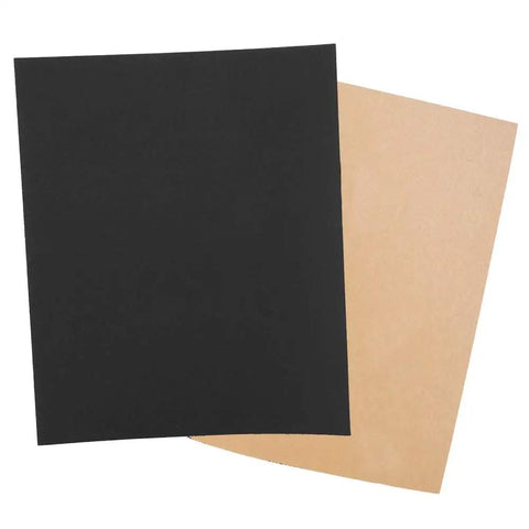 Top Tier 100 Piece Sandpaper Sheets For Woodworking Pros, showing black and beige aluminum oxide sheets for furniture polishing.