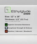Product label of Virgin UHMW Polyethylene Sheet with size, thickness, and features for marine board and woodworking use.