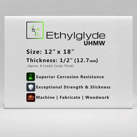 Product label of Virgin UHMW Polyethylene Sheet with size, thickness, and features for marine board and woodworking use.