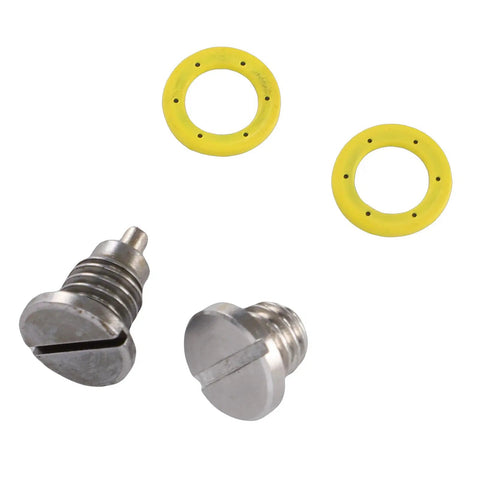 Upgrade Your Ride With This 2 Pack Metal Gear Case Drain Plug Kit That Slides Right Into Mariner Outboards For Tight Oil Changes And No Leaks During Service Time. 2 metal drain plugs and 2 yellow seals