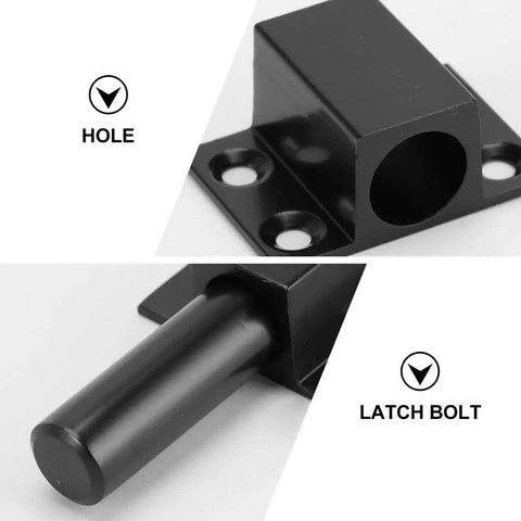 Heavy Duty Adjustable Sliding Latch Lock With Rust Proof Powder Coat Finish For Patio Gates And Yard Security Plus Tough As Nails Aluminum Build And Hella Secure Grip Perfect For Quick Weekend Repairs showing latch bolt and hole design.