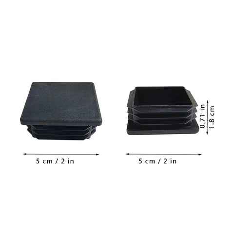 4 Pack 2x2 Inch End Caps For Square Tubing Black Plastic Plugs, two caps shown side and top view with measurements