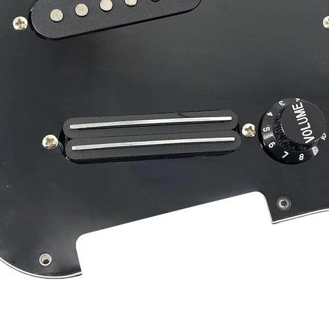 Close-up of SSS Electric Guitar Loaded Pickguard Prewired Replacement 11 Hole Dark Black PVC 3 Ply Scratch Resistant Panel