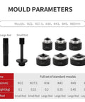 Mould parameters for Pro-Grade 10 Ton Hydraulic Hole Punch Cutter Kit showing dies 22-60mm and corresponding rods.