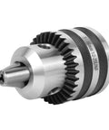 Heavy Duty Keyed Drill Chuck Set 1/8 To 5/8 Inch Capacity, 3-16mm, 1/2-20 UNF Mount, angled view, close-up