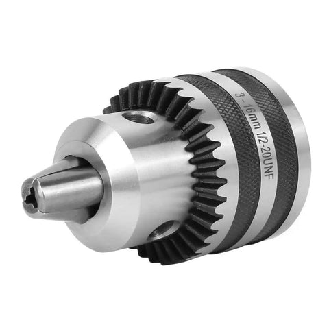 Heavy Duty Keyed Drill Chuck Set 1/8 To 5/8 Inch Capacity, 3-16mm, 1/2-20 UNF Mount, angled view, close-up
