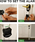 Instructions for setting up the Adjustable Sliding Door Security Bar And Alarm Jammer 2-In-1 Door Knob And Patio Stopper.