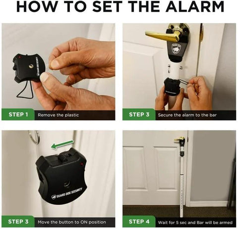 Instructions for setting up the Adjustable Sliding Door Security Bar And Alarm Jammer 2-In-1 Door Knob And Patio Stopper.