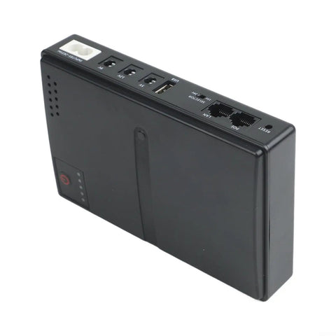 Premium Adjustable DC Ups Battery Backup for Home Routers Modems and Security Cameras rear view with ports and connectors.