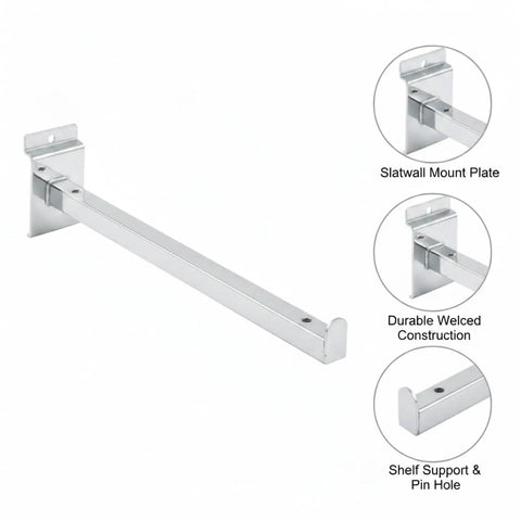 Heavy Duty Slotwall Shelf Brackets For 18mm Slatwall Channels, Silver Iron with detailed mounting plate and durable design