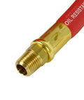 Close-up of the Badass 50 Foot Red Rubber Air Hose Delivers Knockout Durability and Sweet Flex for Your Shop with Dual Quarter Inch Male NPT Fitting.