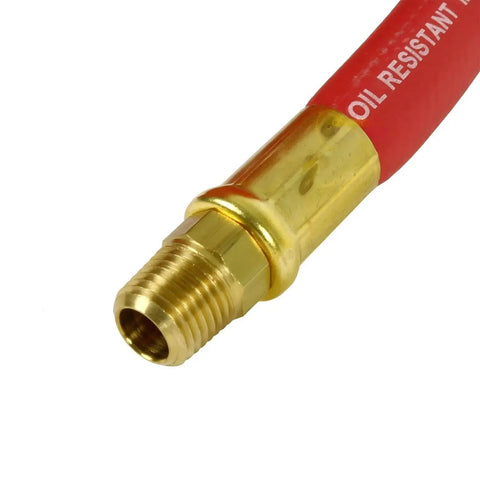 Close-up of the Badass 50 Foot Red Rubber Air Hose Delivers Knockout Durability and Sweet Flex for Your Shop with Dual Quarter Inch Male NPT Fitting.