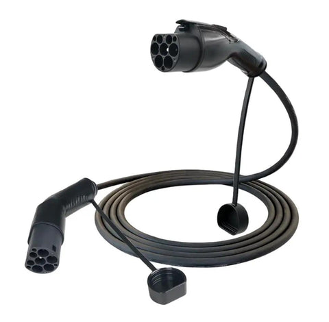 Hella Durable Type 2 Male To GBT EV Charging Cable Straight Shot Wallbox Connector 32 Amps 7kW Single Phase Level 2 Evcord Plug And Play Electric Vehicle Power Cord with black flexible cord.