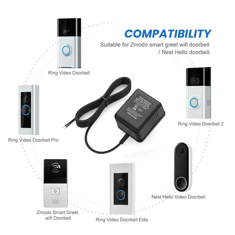 UL Certified Video Doorbell Power Supply Adapter With a 26 Foot Cable, compatible with various doorbells, flat lay view.