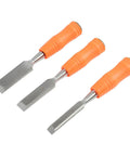 Economy 3 Piece Wood Chisel Set with one half inch three quarter inch and one inch hardened blades, orange handles.