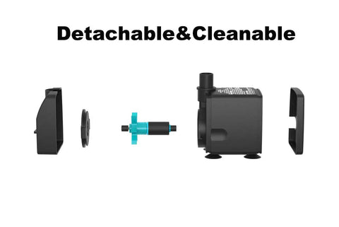 Ultra Quiet Submersible Water Pump With Dry Burn Protection 160 GPH disassembled view showing detachable and cleanable parts