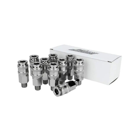 Five In One Universal Quick Connect Coupler One Quarter Inch MNPT Plugs Into All Major Interchanges M Style V Style Automotive T Style And Lincoln L Style Box Of Ten