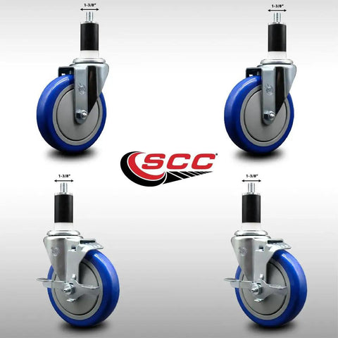 Heavy Duty Stainless Steel Polyurethane Swivel Casters Set Of 4 With 5 Inch Blue Glide Wheels And 1 3 8 Expanding Stems displayed in four angles.