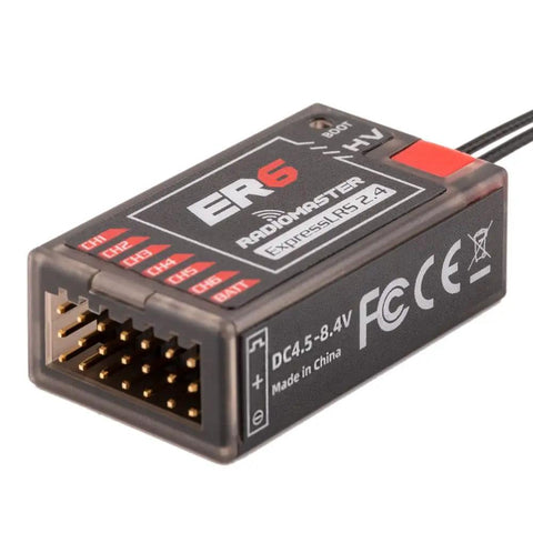ExpressLRS 2.4GHz 6 Channel PWM Receiver for FPV Drones, Airplanes and Gliders, close-up of connector and labels