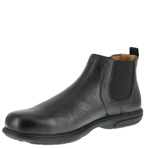 Loedin Chelsea Work Boot With Steel Toe For Men Slip On Dress Boot In Black Leather Cushioned Footbed Easy On Off Back Pull Tab