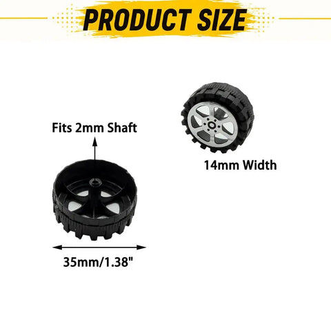 40 Piece RC Wheel Kit With 2mm Shaft Holes Plastic Car Wheels And Metal Axles showing 35mm diameter and 14mm width