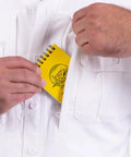 Mens Straight Up Field Ready Tactical Long Sleeve Shirt In Bright White with hidden document pocket holding a yellow notepad.