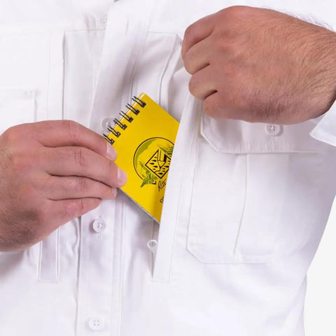 Mens Straight Up Field Ready Tactical Long Sleeve Shirt In Bright White with hidden document pocket holding a yellow notepad.