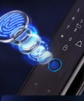 Close-up of Quick Swipe Fingerprint Lock on Total Game Changer Outdoor Security Gate, showcasing advanced biometric technology.