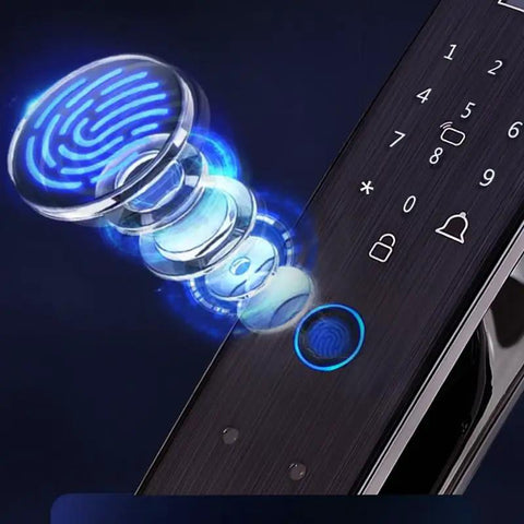 Close-up of Quick Swipe Fingerprint Lock on Total Game Changer Outdoor Security Gate, showcasing advanced biometric technology.