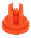 Close-up of orange flat fan spray tip for agriculture, pro grade even spray distribution replacement nozzles.