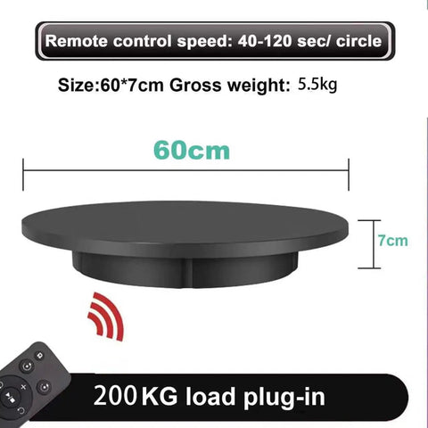 Upgraded 360 Degree Electric Turntable Display Stand With Remote Control For Professional Product Photography And Video Shoots That Boasts adjustable speed features, 60cm round platform, and 200kg load capacity.