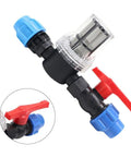 Universal Hose Connector and Drip Irrigation Adapter With 80 Mesh Water Filter For 20mm 25mm And 32mm Plastic Pipes Garden Drip Quick Connector Easy Clean Filtration For Long Lasting Performance with red valve and clear filter
