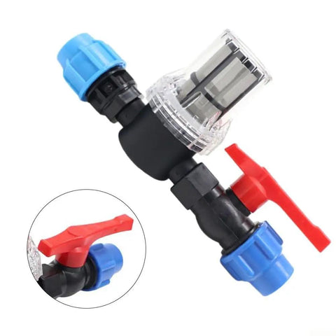 Universal Hose Connector and Drip Irrigation Adapter With 80 Mesh Water Filter For 20mm 25mm And 32mm Plastic Pipes Garden Drip Quick Connector Easy Clean Filtration For Long Lasting Performance with red valve and clear filter