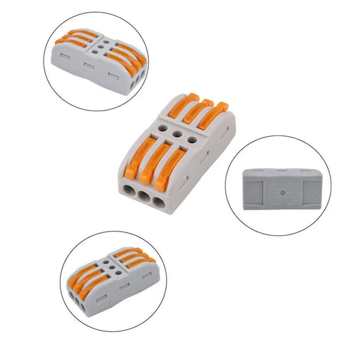 30 Pcs Lever Nut Wire Connectors SPL2 SPL3 Bundle For Quick Splice And Easy Wiring Smooth No Fuss Conductor Clamps Compact Terminal Blocks Made From Flame Retardant Nylon PA66 Spring Loaded Safe Durable Electrical Connectors. Side and top views, gray with orange levers.
