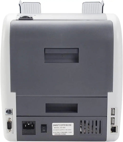 Back view of Bang For Buck Money Counter Machine With Advanced Counterfeit Detection featuring ports and power supply details.