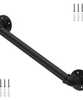 Industrial Style Black Iron Pipe Staircase Handrail For Indoor And Outdoor Use Heavy Duty Steel Balcony Railing showing black pipe handrail with wall brackets.