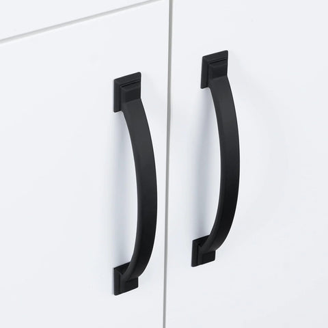 Close-up of 10 Pack 3 Inch Matte Black Cabinet Pulls Zinc Alloy Drawer Handles for Kitchen Cabinets installed on white cabinet doors.