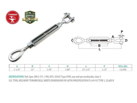 Non Magnetic Top Notch Built Like A Tank Beefy T316 Stainless Steel Drop Forged Jaw Eye Turnbuckle 1 1 4 X 12 Inch with specifications.