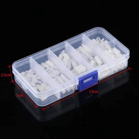 Zero Fuss Nylon Standoff Kit With M2.5 Hex Spacers And Male Female Bolt Nuts, organized nylon hardware in clear plastic case.