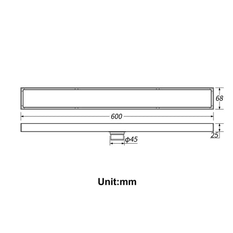Heavy Duty Linear Shower Drain 23.6 Inch Invisible Floor Trench dimensions with 600mm length and 68mm width drawing.