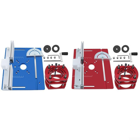 Ridiculously Solid Aluminum Router Table Insert Plate For Your Workshop Slick Sliding Surface Rust Resistant Replacement For Woodworking And Heavy Duty Carpentry Builds Red with blue insert and accessories laid out